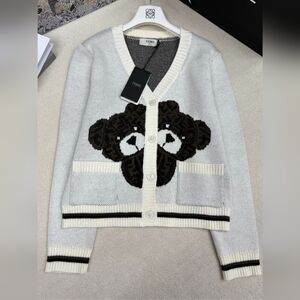 Fendi Multicolor FF Letter Logo Double Bear Color-Block V-Neck Knit Cardigan